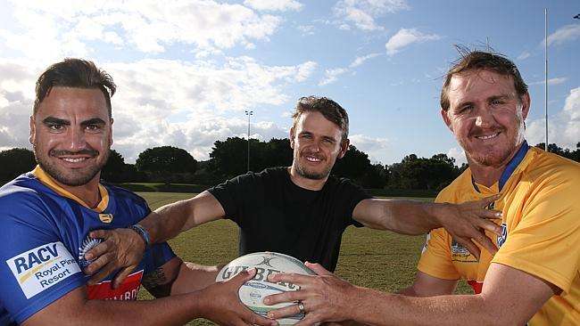 Captains Te Ari Mahuri and Aaron Cook with organiser Tim Scantlebury ahead of the Gold Coast Rugby grudge match to be held Sunday. Photo Regi Varghese