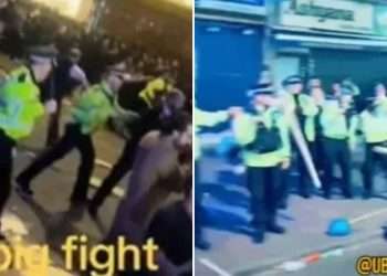 Moment chaos erupts with rubbish thrown as riot cops are forced to break up huge crowds ‘after Eid celebrations’
