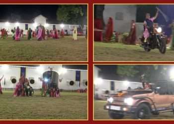 Rajkot: Garba organized grandly in Raj Palace, Kshatranios on horses, cars performed tricks with swords and went around Garba, watch Video