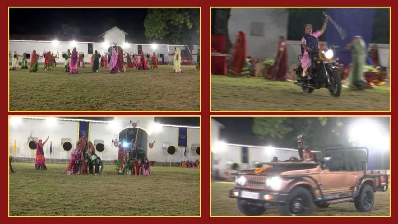 Rajkot: Garba organized grandly in Raj Palace, Kshatranios on horses, cars performed tricks with swords and went around Garba, watch Video