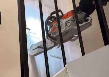 Shock moment cops blast through drug den with CHAINSAW before snaring shirtless suspect while he slept