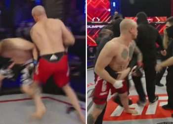 Watch shocking moment MMA fighters start trading blows BEFORE opening bell as chaotic bout is cancelled