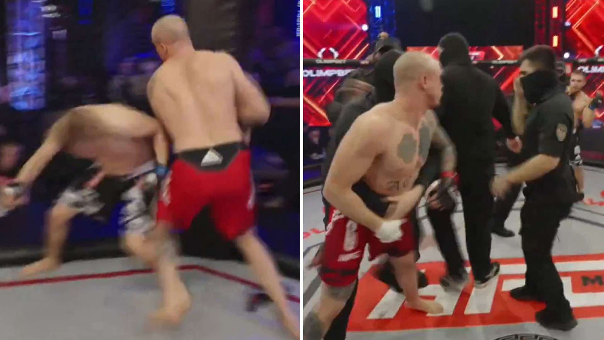 Watch shocking moment MMA fighters start trading blows BEFORE opening bell as chaotic bout is cancelled