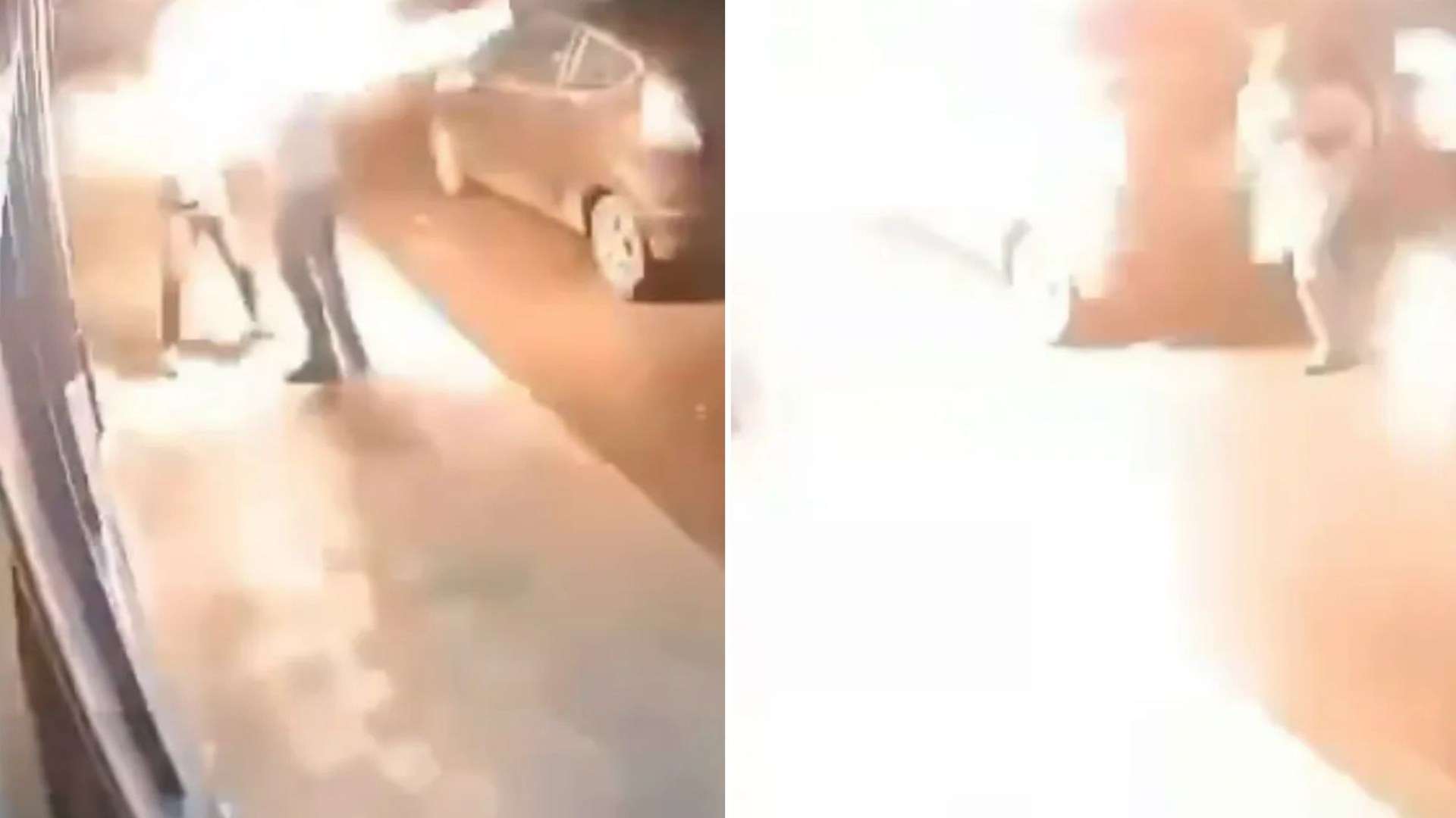 Shocking moment man is PETROL BOMBED in face by axe-wielding yob who stormed bar, smashed bottles & made off with till