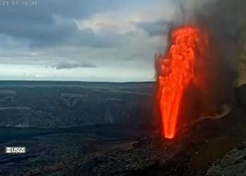 Shocking moment 1,000ft fiery lava jet erupts in 6-hour volcano frenzy as scientists warn of wind spreading toxic gas