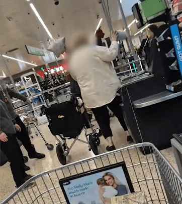 Wild moment OAP hurls her shopping at customers at Morrisons self-checkout as staff forced to break up vicious brawl