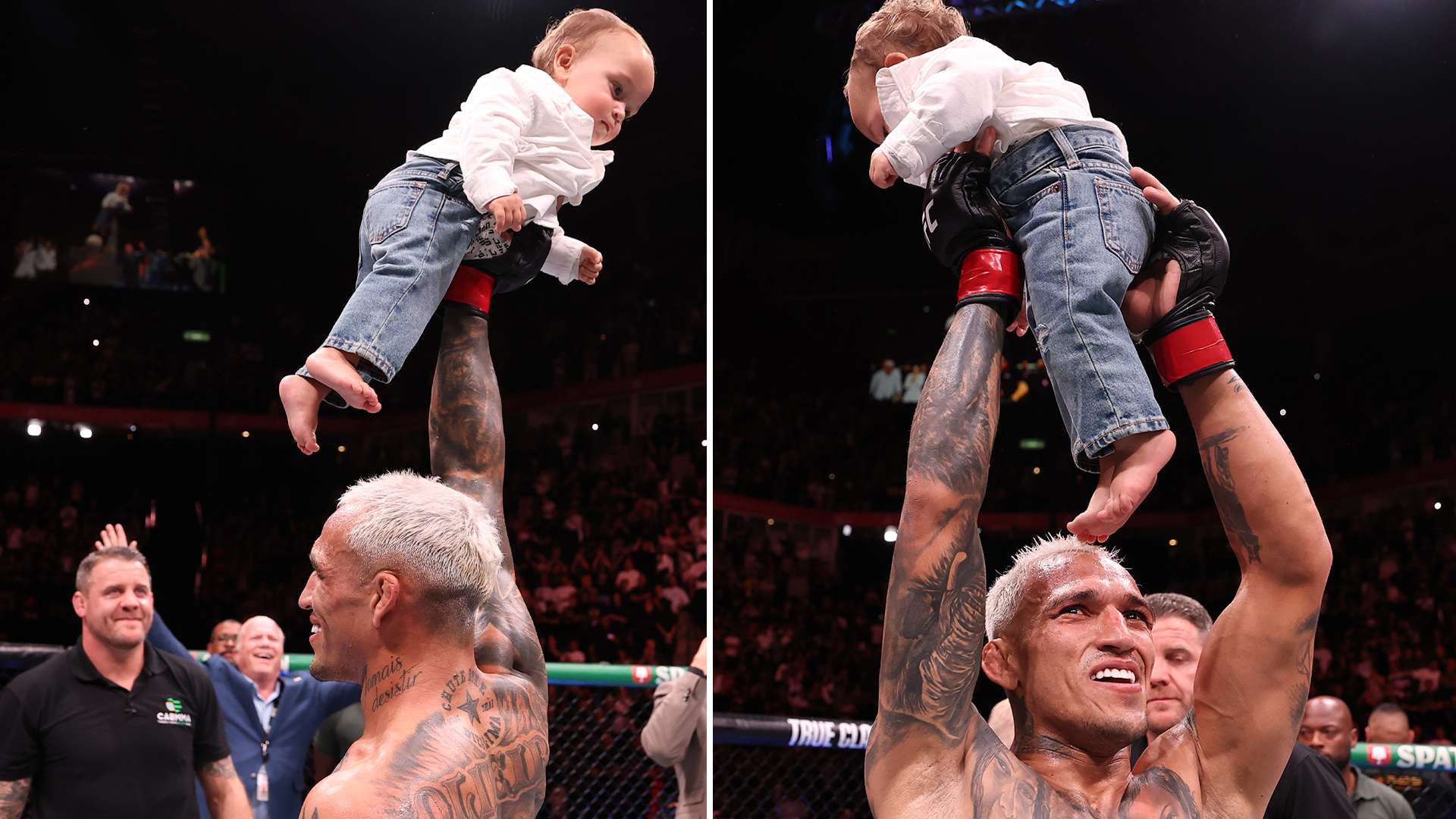 UFC legend Charles Oliveira, 35, dubbed ‘LION KING’ after parading young son, one, around octagon after emphatic win