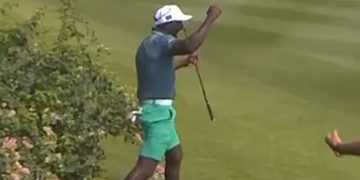 ‘A miracle’ – Watch Man Utd legend hole incredible golf shot from behind bushes in celeb clash with Premier League icons